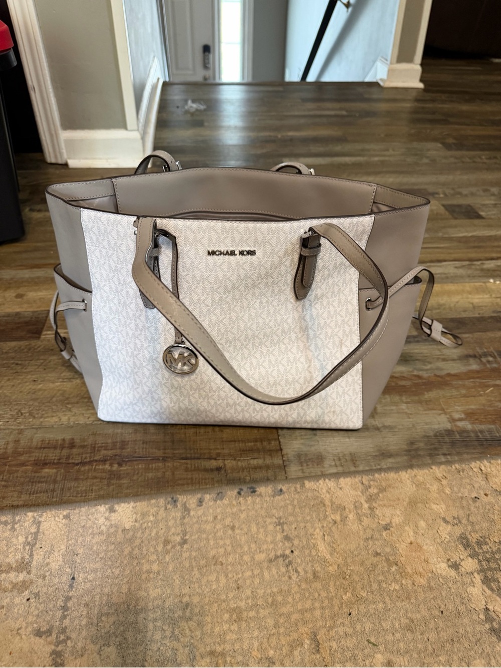 Michael Kors White & Taupe MK Logo Tote
